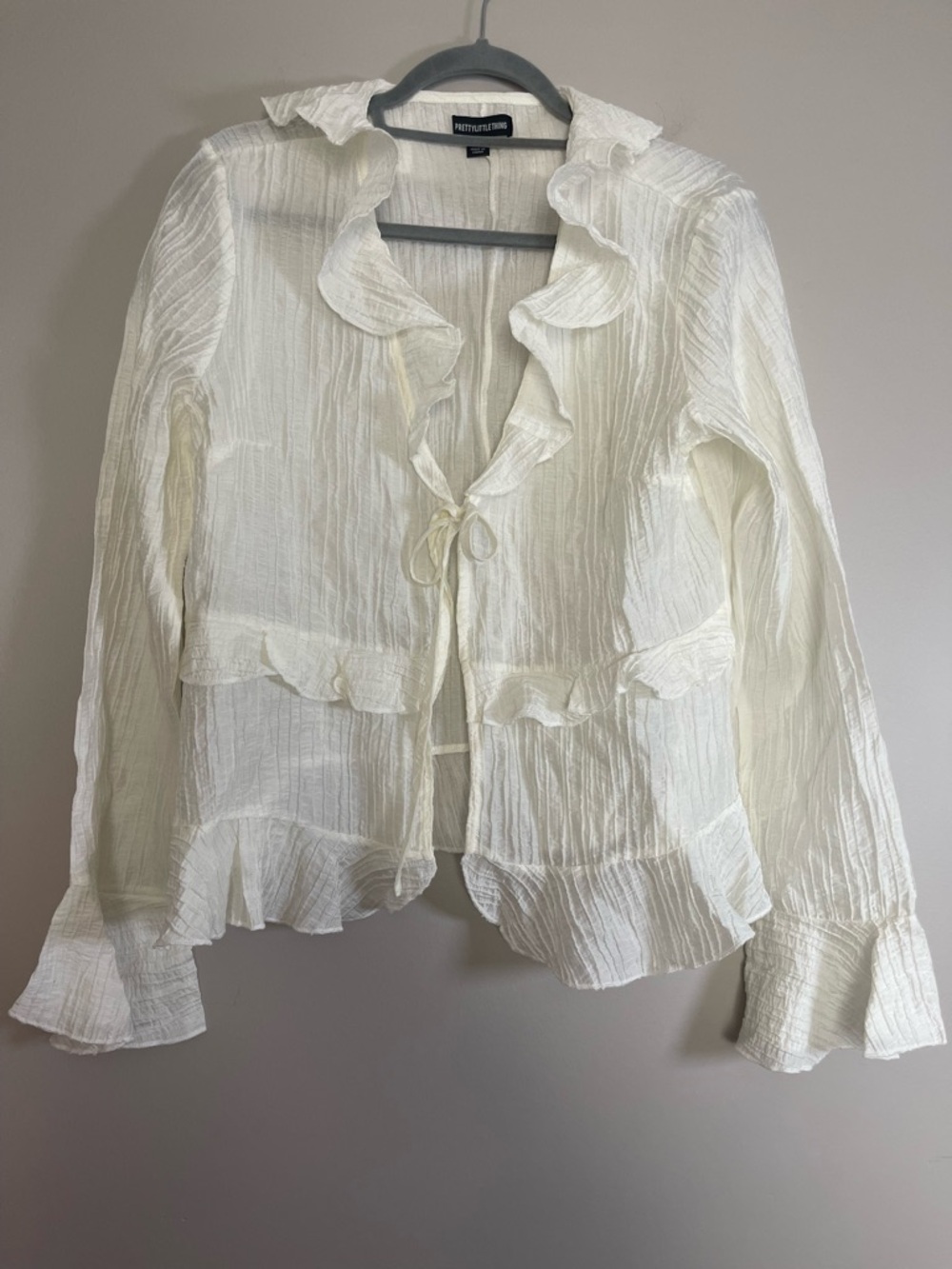 PrettyLittleThing Ruffled Tie-Front Sheer Blouse - Cream